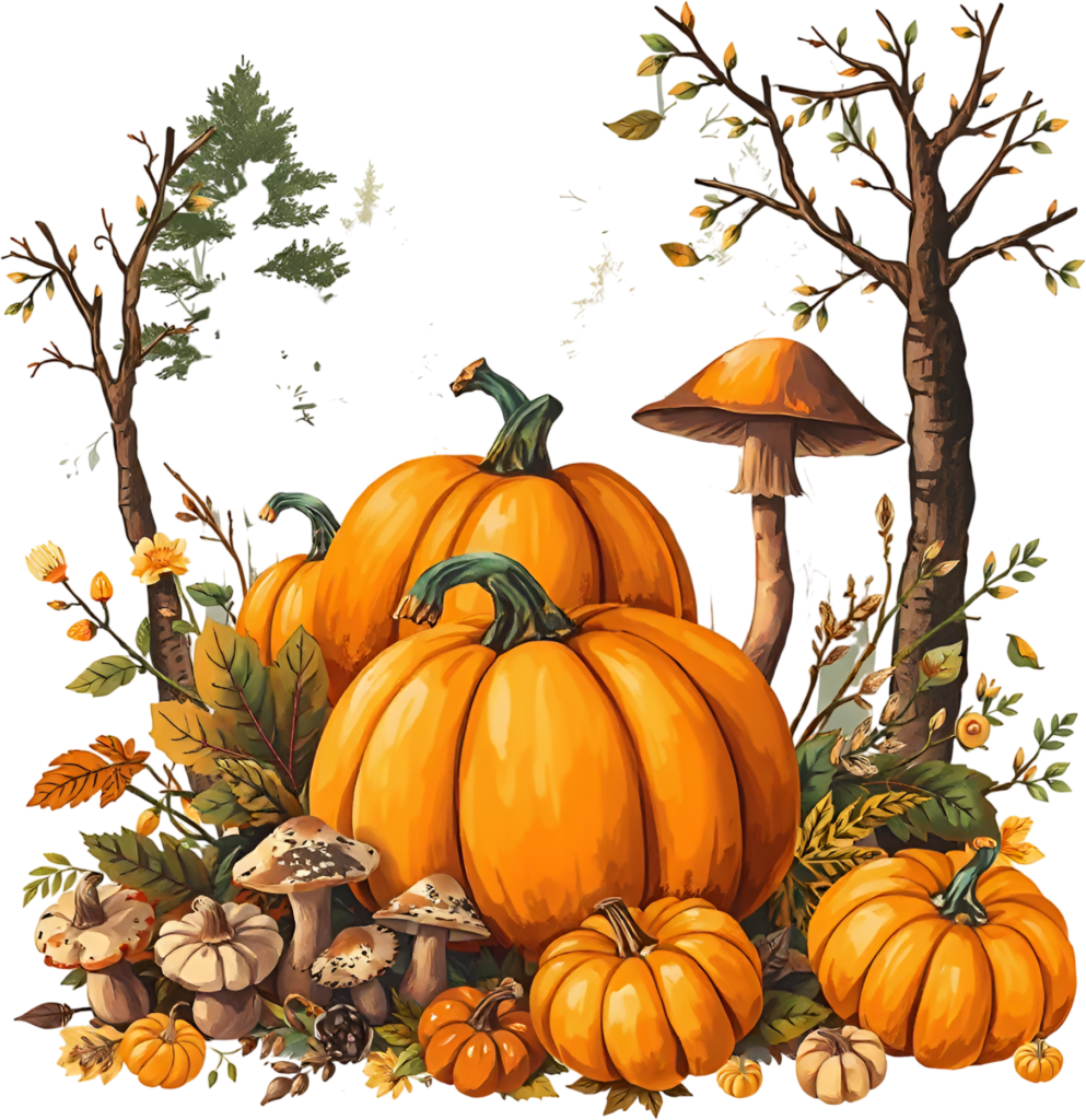 Evoke a serene autumn forest with pumpkins, mushrooms, and trees in a Fall landscape PNG Illustration 1 - Evoke a serene autumn forest with pumpkins, mushrooms, and trees in a Fall landscape PNG Illustration Free PNG Download
