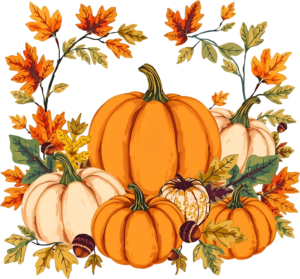 Assemble a cheerful autumn display with pumpkins, acorns, and beautiful Fall foliage PNG Illustration