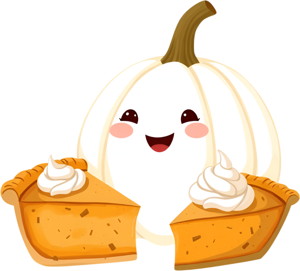 Delightful Kawaii White Pumpkin Character holding delicious Pumpkin Pie slices, a charming Fall Celebration Illustration Clipart 1 - Delightful Kawaii White Pumpkin Character holding delicious Pumpkin Pie slices, a charming Fall Celebration Illustration Clipart Free PNG Download