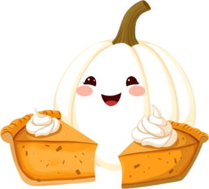 Delightful Kawaii White Pumpkin Character holding delicious Pumpkin Pie slices, a charming Fall Celebration Illustration Clipart