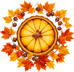 Exquisite Top-Down Pumpkin Pie with vibrant Autumn Leaves and Acorns wreath, a festive Harvest Dinner Clipart PNG