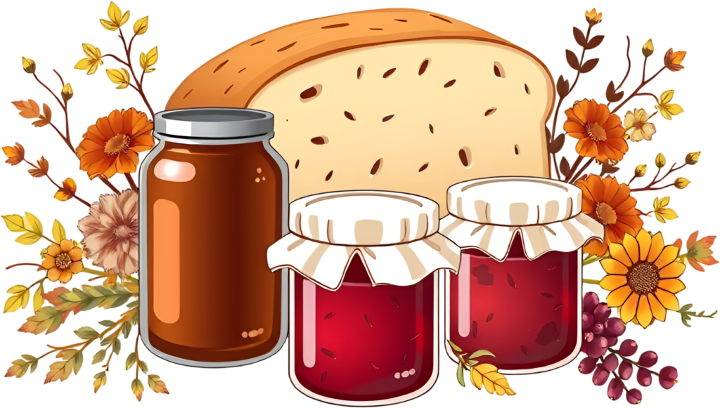 Heartwarming Rustic Bread Loaf with charming Jam Jars and beautiful Autumn Floral Illustration, a cozy Fall Harvest PNG 1 - Heartwarming Rustic Bread Loaf with charming Jam Jars and beautiful Autumn Floral Illustration, a cozy Fall Harvest PNG Free PNG Download
