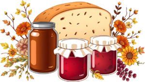 Heartwarming Rustic Bread Loaf with charming Jam Jars and beautiful Autumn Floral Illustration, a cozy Fall Harvest PNG
