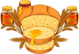 Golden Honey Drizzled Bread Slices amidst decorative Honey Jars and Wheat stalks, a sweet Autumn Bounty Clipart PNG