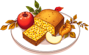 Wholesome Harvest Plate featuring delicious Loaf Bread, fresh Red Apples, and vibrant Chinese Lanterns, a delightful PNG Illustration