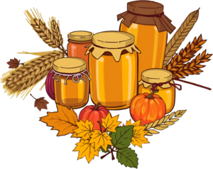 Charming Collection of Honey Jars, mini Pumpkins, colorful Maple Leaves, and Wheat stalks, an ideal Fall Clipart Illustration