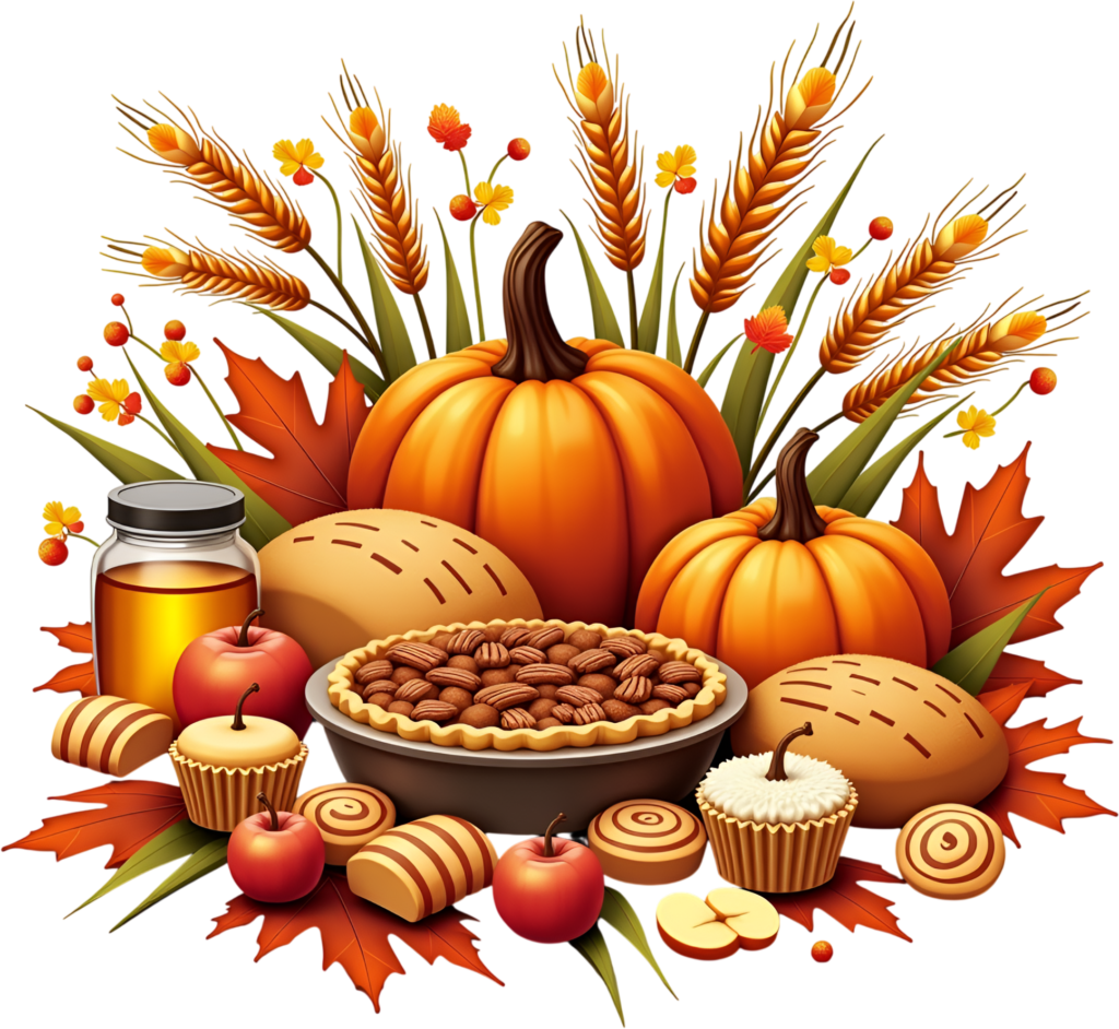 Abundant Thanksgiving Feast Arrangement showcasing Pecan Pie, Pumpkins, Apples, and delightful Baked Goods, a detailed PNG Clipart 1 - Abundant Thanksgiving Feast Arrangement showcasing Pecan Pie, Pumpkins, Apples, and delightful Baked Goods, a detailed PNG Clipart Free PNG Download