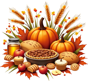 Abundant Thanksgiving Feast Arrangement showcasing Pecan Pie, Pumpkins, Apples, and delightful Baked Goods, a detailed PNG Clipart