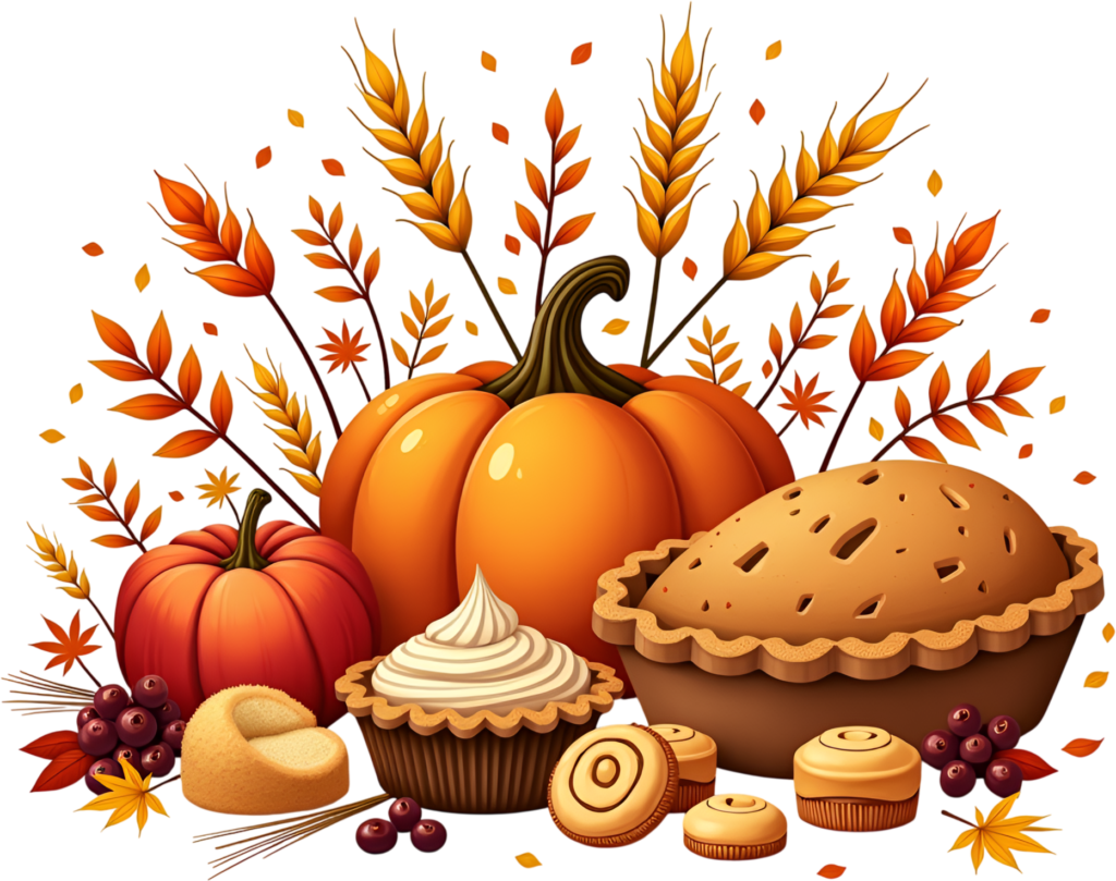 - Bountiful Fall Harvest Display with vibrant Pumpkins, a grand Pie, charming Cupcakes, and Wheat accents, a festive Clipart Illustration Free PNG Download