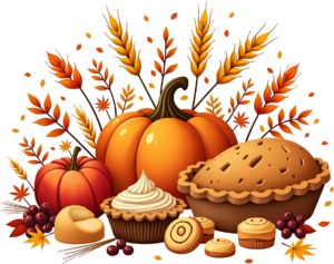 Bountiful Fall Harvest Display with vibrant Pumpkins, a grand Pie, charming Cupcakes, and Wheat accents, a festive Clipart Illustration