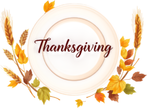 Decorative “Thanksgiving” Plate Design encircled by golden Wheat and beautiful Autumn Leaves, a perfect Holiday PNG Clipart