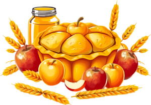 Golden Apple Pie surrounded by fresh Apples, Wheat stalks, and a Honey Jar, a delightful Harvest Celebration PNG Illustration