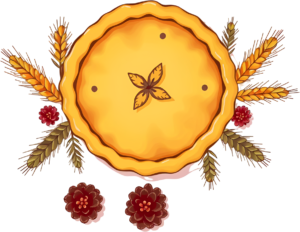 Rustic Autumn Pie (Top View) embellished with Wheat and festive Red Flowers, a charming Harvest Dinner Clipart PNG