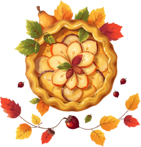 Beautiful Open Apple Tart adorned with Fall Leaves, Berries, and a Pear, a lovely Autumn Dessert Clipart Illustration