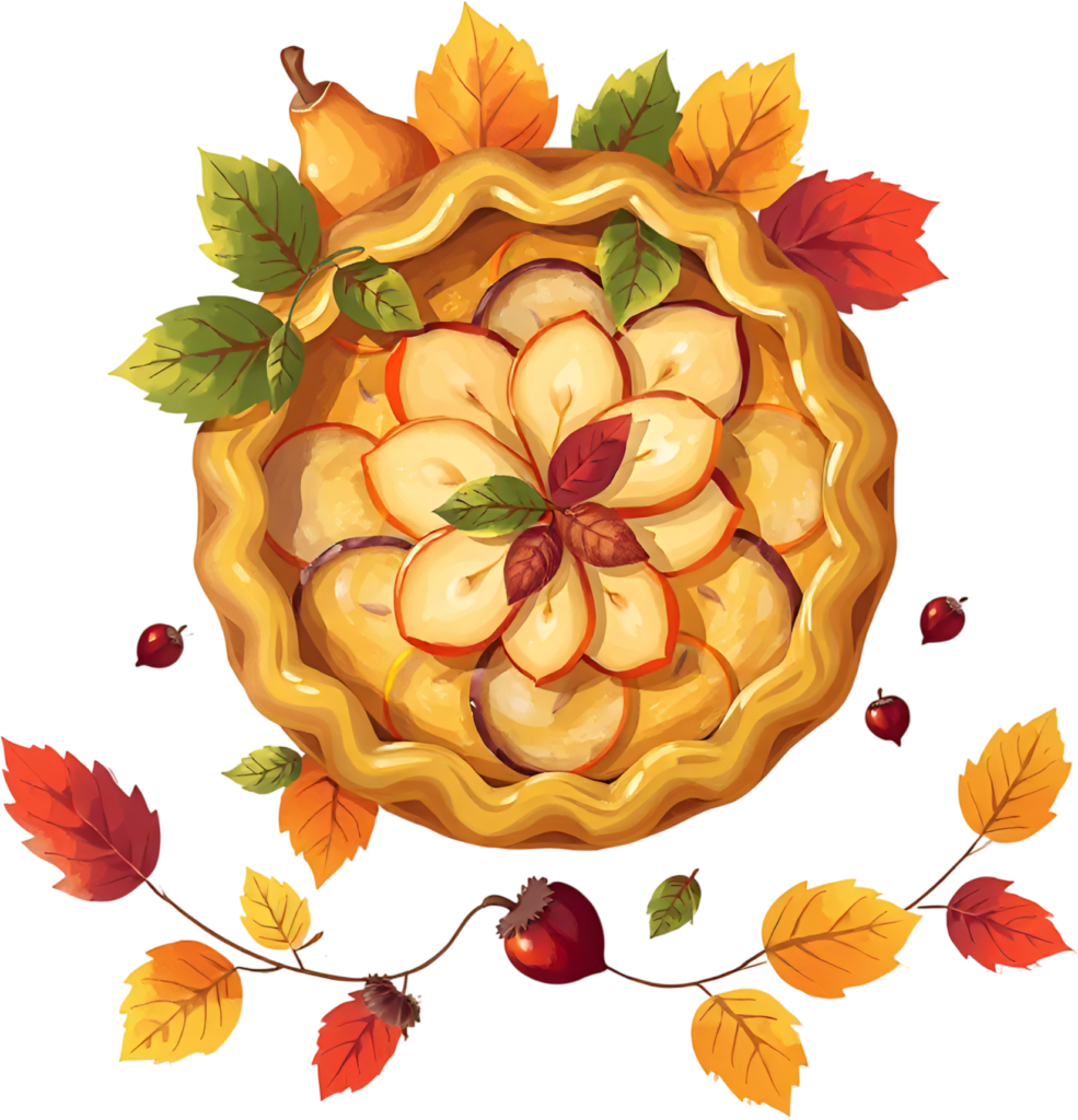 Beautiful Open Apple Tart adorned with Fall Leaves, Berries, and a Pear, a lovely Autumn Dessert Clipart Illustration 1 - Beautiful Open Apple Tart adorned with Fall Leaves, Berries, and a Pear, a lovely Autumn Dessert Clipart Illustration Free PNG Download