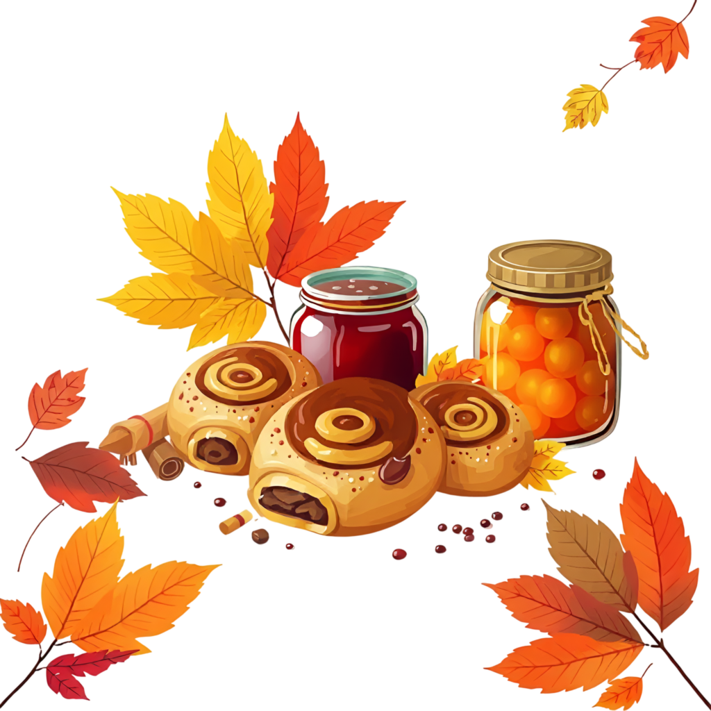 - Delicious Cinnamon Rolls paired with sweet Jam Jars and scattered Autumn Leaves, a cozy Fall Breakfast Clipart Illustration Free PNG Download
