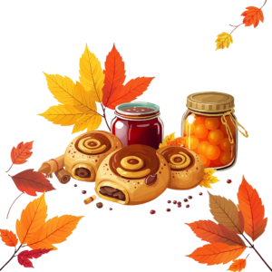 Delicious Cinnamon Rolls paired with sweet Jam Jars and scattered Autumn Leaves, a cozy Fall Breakfast Clipart Illustration