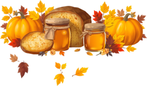 Picturesque Autumn Harvest Banner featuring hearty Bread, golden Honey Jars, and cheerful Pumpkins, a delightful PNG Clipart