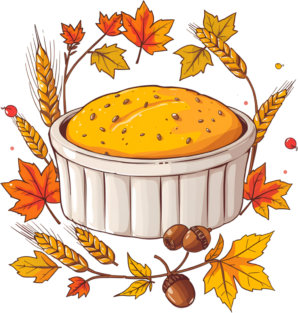 Rustic Baked Cornbread or Cake in a dish, surrounded by lovely Fall Leaves, Wheat, and Acorns, a cozy Autumn Clipart Illustration 1 - Rustic Baked Cornbread or Cake in a dish, surrounded by lovely Fall Leaves, Wheat, and Acorns, a cozy Autumn Clipart Illustration Free PNG Download