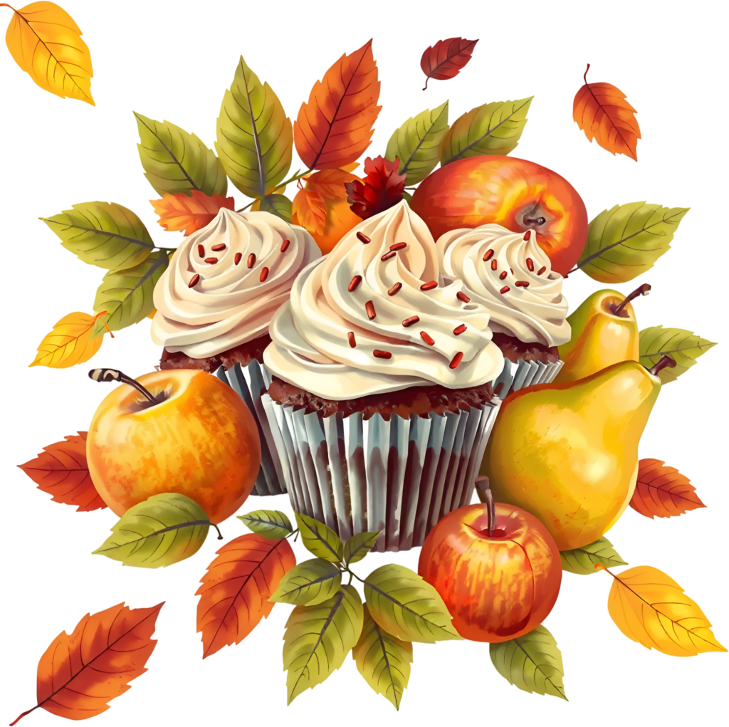Scrumptious Fall Cupcakes with frosting, fresh Apples, and Pears, all nestled among colorful Autumn Leaves, a sweet PNG Clipart 1 - Scrumptious Fall Cupcakes with frosting, fresh Apples, and Pears, all nestled among colorful Autumn Leaves, a sweet PNG Clipart Free PNG Download