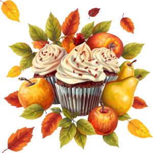 Scrumptious Fall Cupcakes with frosting, fresh Apples, and Pears, all nestled among colorful Autumn Leaves, a sweet PNG Clipart