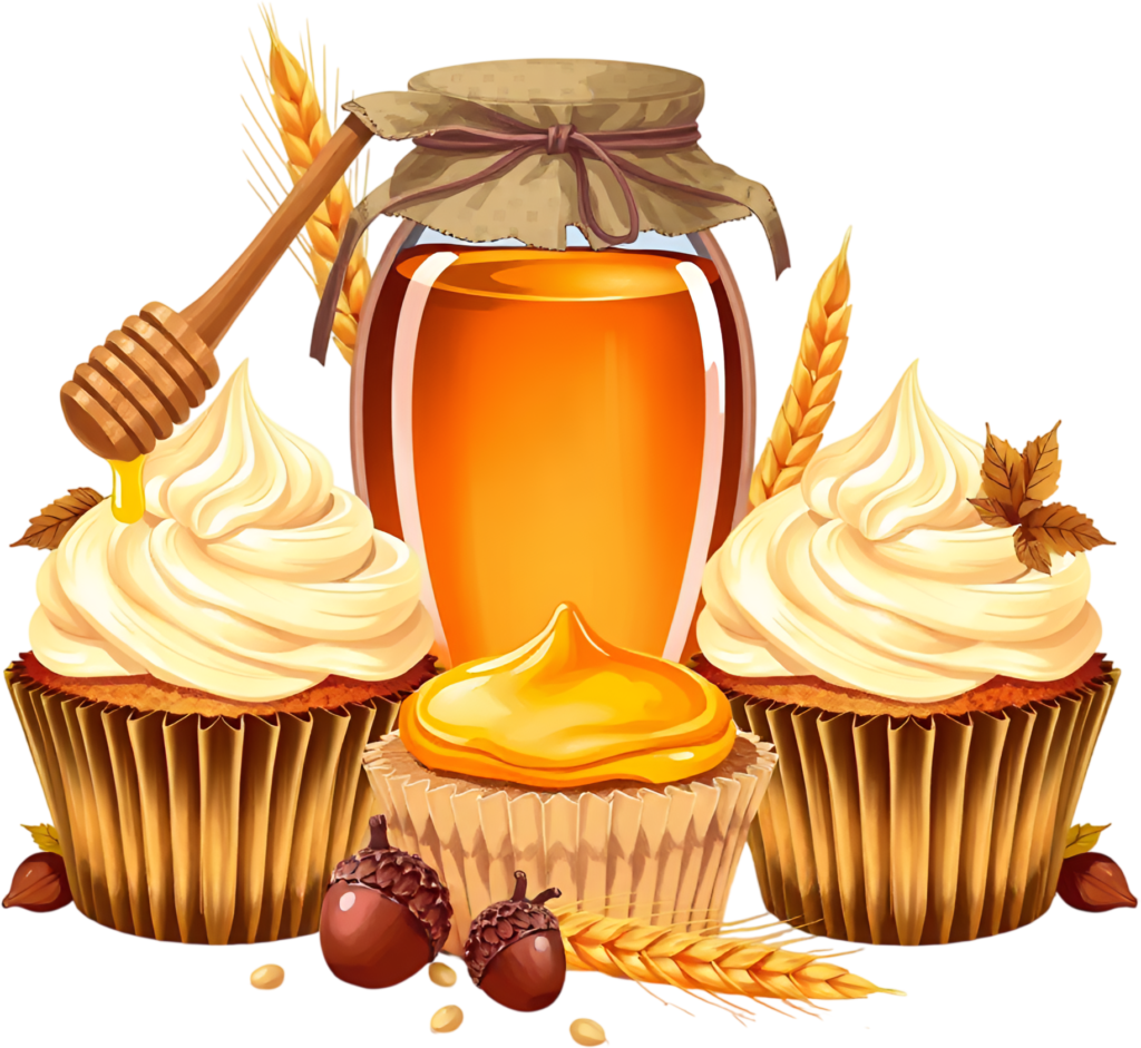 Golden Honey Jar alongside delightful Honey Drizzled Cupcakes, Wheat stalks, and Acorns, a sweet Autumn Graphic Clipart 1 - Golden Honey Jar alongside delightful Honey Drizzled Cupcakes, Wheat stalks, and Acorns, a sweet Autumn Graphic Clipart Free PNG Download