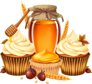 Golden Honey Jar alongside delightful Honey Drizzled Cupcakes, Wheat stalks, and Acorns, a sweet Autumn Graphic Clipart