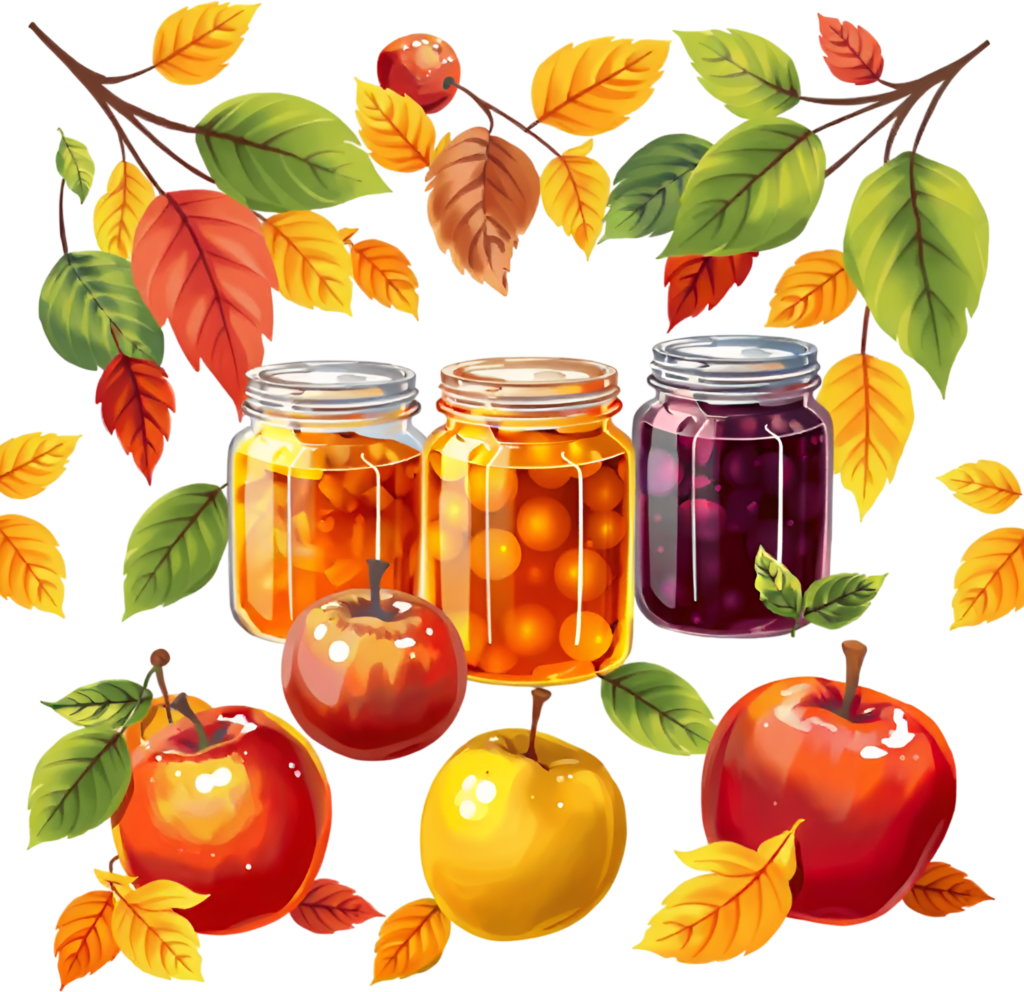 Wholesome Jars of Preserves, vibrant Apples, and beautiful Autumn Leaf Branches, a charming Fall Harvest PNG Illustration 1 - Wholesome Jars of Preserves, vibrant Apples, and beautiful Autumn Leaf Branches, a charming Fall Harvest PNG Illustration Free PNG Download