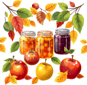 Wholesome Jars of Preserves, vibrant Apples, and beautiful Autumn Leaf Branches, a charming Fall Harvest PNG Illustration