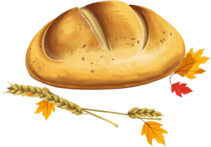Simple Rustic Bread Loaf accompanied by golden Wheat stalks and subtle Fall Leaves, a minimalist Autumn Food PNG Clipart