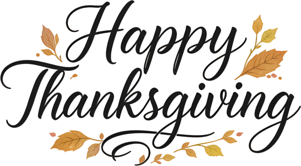 Elegant Black Script "Happy Thanksgiving" text with decorative Autumn Leaves, perfect for festive holiday greetings, a classic PNG Clipart 1 - Elegant Black Script "Happy Thanksgiving" text with decorative Autumn Leaves, perfect for festive holiday greetings, a classic PNG Clipart Free PNG Download