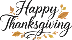 Elegant Black Script “Happy Thanksgiving” text with decorative Autumn Leaves, perfect for festive holiday greetings, a classic PNG Clipart