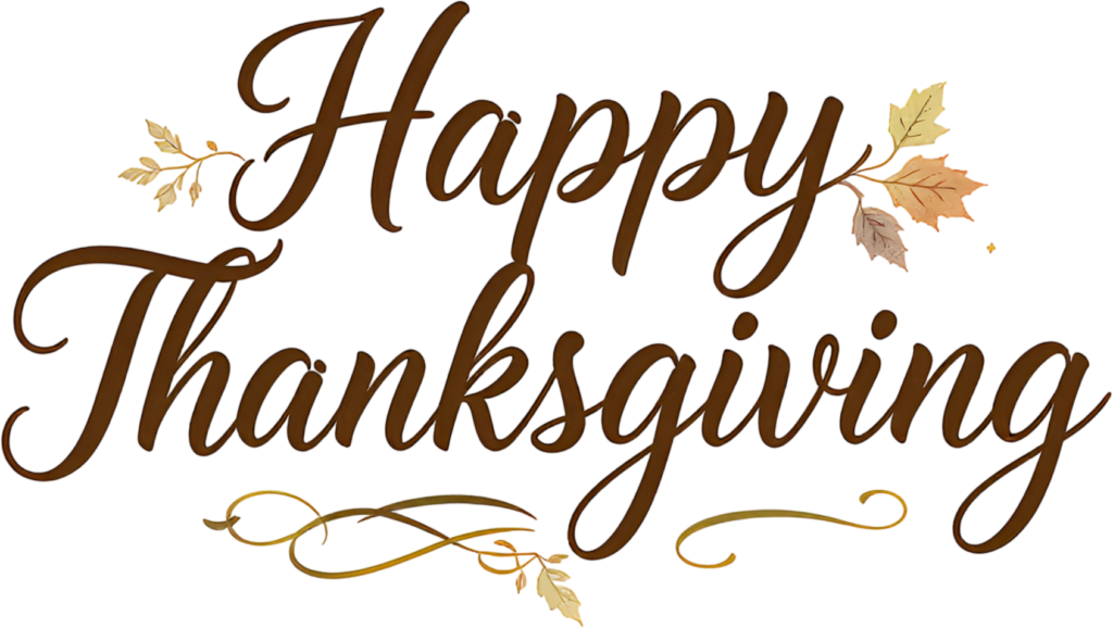 Stylish Brown Script "Happy Thanksgiving" message adorned with delicate Autumn Leaves and flourishes, a warm Holiday PNG Illustration 1 - Stylish Brown Script "Happy Thanksgiving" message adorned with delicate Autumn Leaves and flourishes, a warm Holiday PNG Illustration Free PNG Download