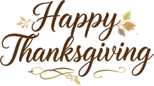 Stylish Brown Script “Happy Thanksgiving” message adorned with delicate Autumn Leaves and flourishes, a warm Holiday PNG Illustration