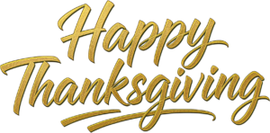 Luxurious Golden Textured “Happy Thanksgiving” typography with elegant flourishes, perfect for premium seasonal designs, a vibrant PNG Clipart