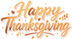 Vibrant Orange Gradient “Happy Thanksgiving” lettering with a crisp white outline and scattered Autumn Leaves, a cheerful Clipart Illustration