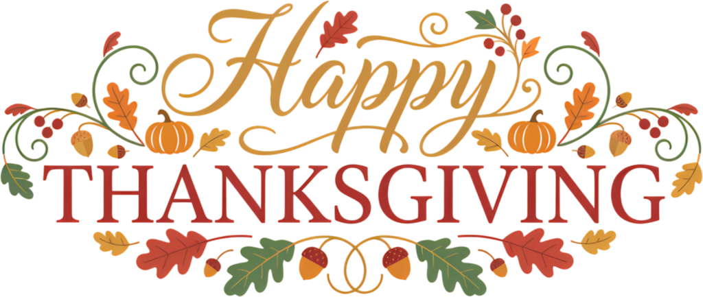 - Ornate "Happy Thanksgiving" decorative text banner featuring charming Pumpkins, Acorns, and colorful Fall Leaves, a rich PNG Clipart Free PNG Download