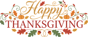 Ornate “Happy Thanksgiving” decorative text banner featuring charming Pumpkins, Acorns, and colorful Fall Leaves, a rich PNG Clipart