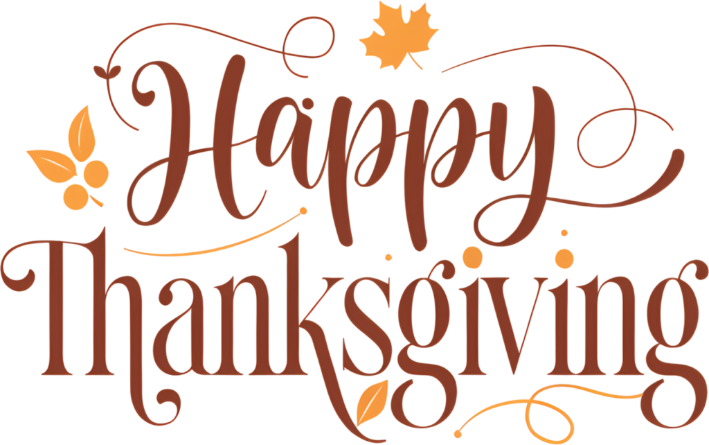 - Artistic Brown Script "Happy Thanksgiving" calligraphy with graceful flourishes and subtle Autumn Accents, a charming Holiday PNG Illustration Free PNG Download