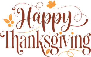 Artistic Brown Script “Happy Thanksgiving” calligraphy with graceful flourishes and subtle Autumn Accents, a charming Holiday PNG Illustration