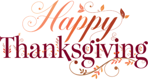 Festive “Happy Thanksgiving” gradient text featuring elegant swirling leaf and berry designs, perfect for joyful celebrations, a vibrant PNG Clipart