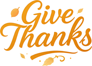 Uplifting Orange Textured “Give Thanks” script with delicate leaf accents, a heartfelt sentiment for autumn, a beautiful PNG Illustration