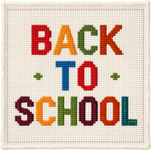 Crafty cross-stitch Back to School word art, ideal illustration for textile design and creative clipart PNG projects