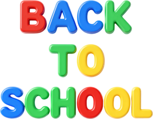 Playful glossy bubble letters form ‘Back to School,’ a cheerful illustration perfect for kids clipart PNG