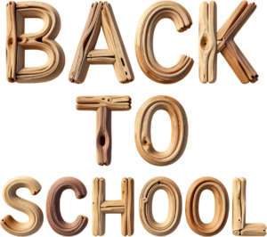 Rustic wooden Back to School word art, an organic nature-inspired illustration for educational clipart PNG