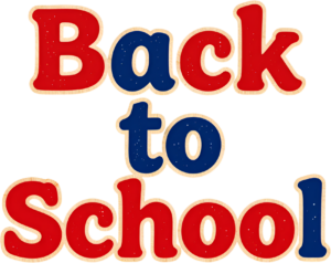 Bold red and blue Back to School text, a classic illustration with subtle texture for clipart PNG