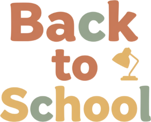 Earthy toned Back to School text, an aesthetic illustration with a vintage desk lamp for clipart PNG
