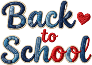 Intricate embroidered Back to School script, with a charming red heart, a detailed illustration clipart PNG