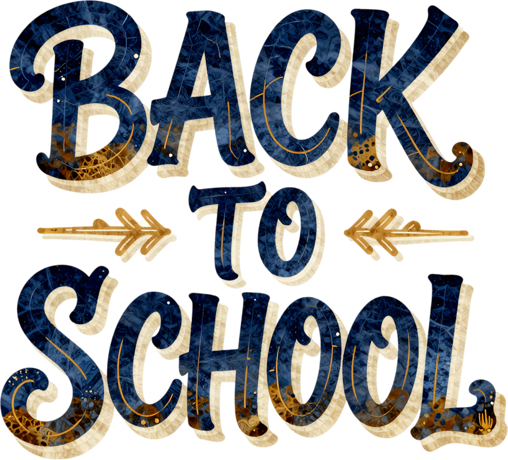- Ornate blue and gold Back to School lettering, an elegant illustration with decorative arrows clipart PNG Free PNG Download
