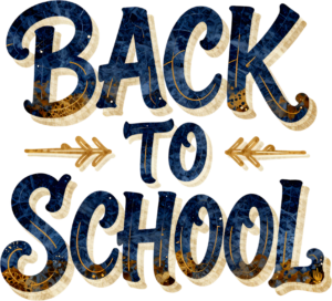Ornate blue and gold Back to School lettering, an elegant illustration with decorative arrows clipart PNG